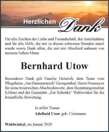 Traueranzeige von Bernhard Utow von Ostthüringer Zeitung, Thüringische Landeszeitung