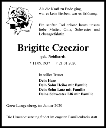 Traueranzeige von Brigitte Czeczior von Ostthüringer Zeitung