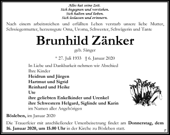 Traueranzeige von Brunhild Zänker von Thüringer Allgemeine