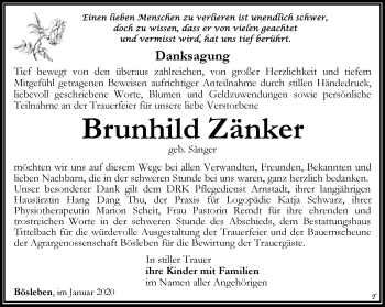 Traueranzeige von Brunhild Zänker von Thüringer Allgemeine