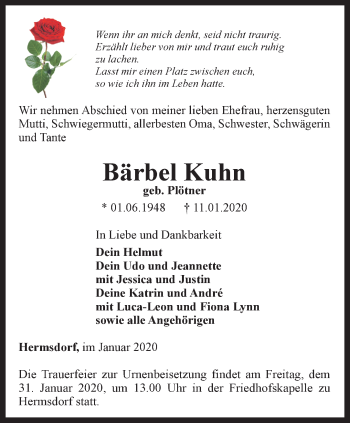 Traueranzeige von Bärbel Kuhn von Ostthüringer Zeitung