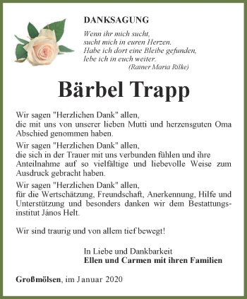 Traueranzeige von Bärbel Trapp von Thüringer Allgemeine, Thüringische Landeszeitung