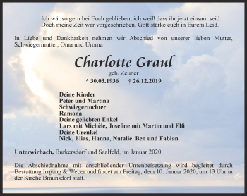 Traueranzeige von Charlotte Grau von Ostthüringer Zeitung