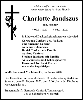 Traueranzeige von Charlotte Jaudszus von Ostthüringer Zeitung, Thüringische Landeszeitung