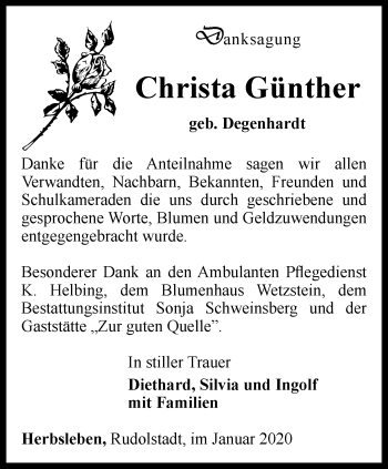 Traueranzeige von Christa Günther von Thüringer Allgemeine, Thüringische Landeszeitung