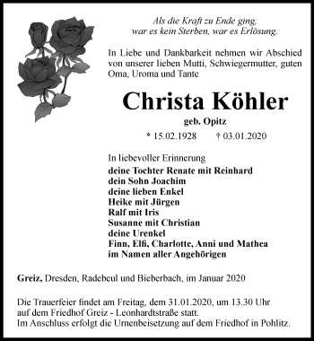 Traueranzeige von Christa Köhler von Ostthüringer Zeitung