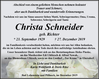 Traueranzeige von Christa Schneider von Ostthüringer Zeitung