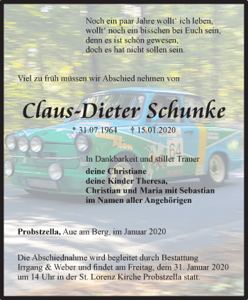 Traueranzeige von Claus-Dieter Schunke von Ostthüringer Zeitung