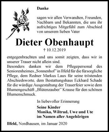 Traueranzeige von Dieter Obenhaupt von Thüringer Allgemeine