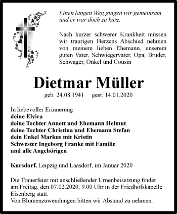 Traueranzeige von Dietmar Müller von Ostthüringer Zeitung