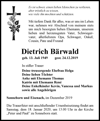 Traueranzeige von Dietrich Bärwald von Ostthüringer Zeitung, Thüringische Landeszeitung