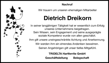 Traueranzeige von Dietrich Dreikorn von Ostthüringer Zeitung