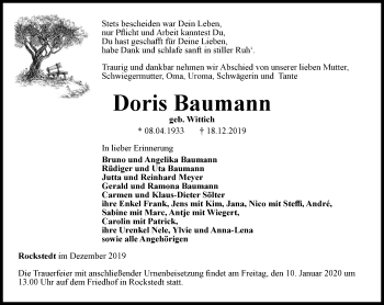 Traueranzeige von Doris Baumann von Thüringer Allgemeine