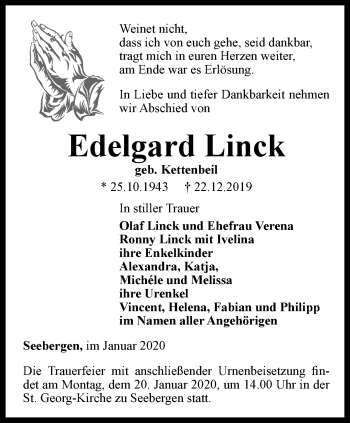 Traueranzeige von Edelgard Linck von Ostthüringer Zeitung, Thüringische Landeszeitung