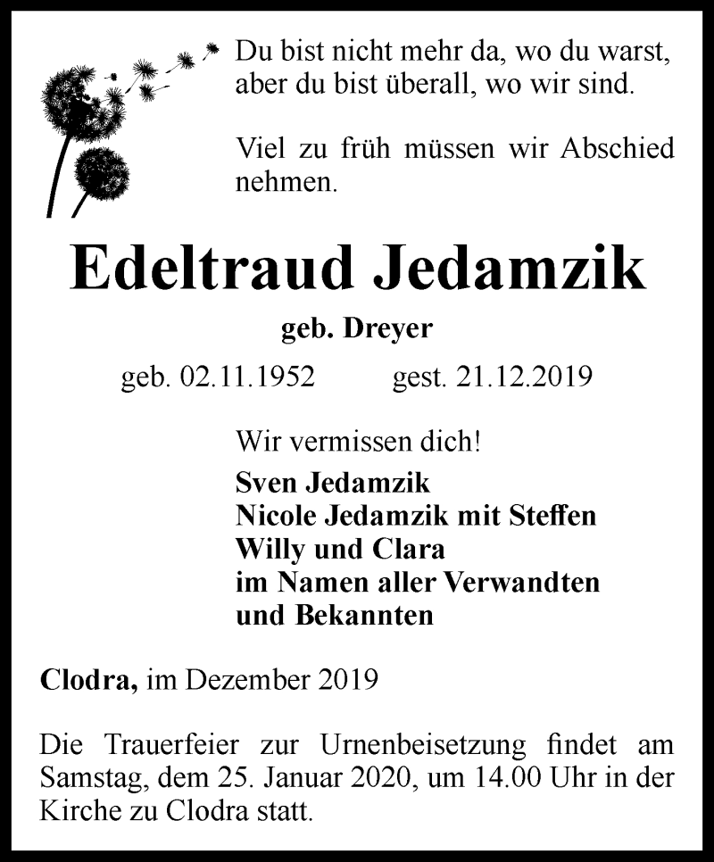  Traueranzeige für Edeltraud Jedamzik vom 04.01.2020 aus Ostthüringer Zeitung