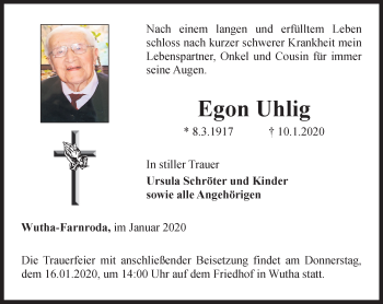 Traueranzeige von Egon Uhlig von Thüringer Allgemeine, Thüringische Landeszeitung