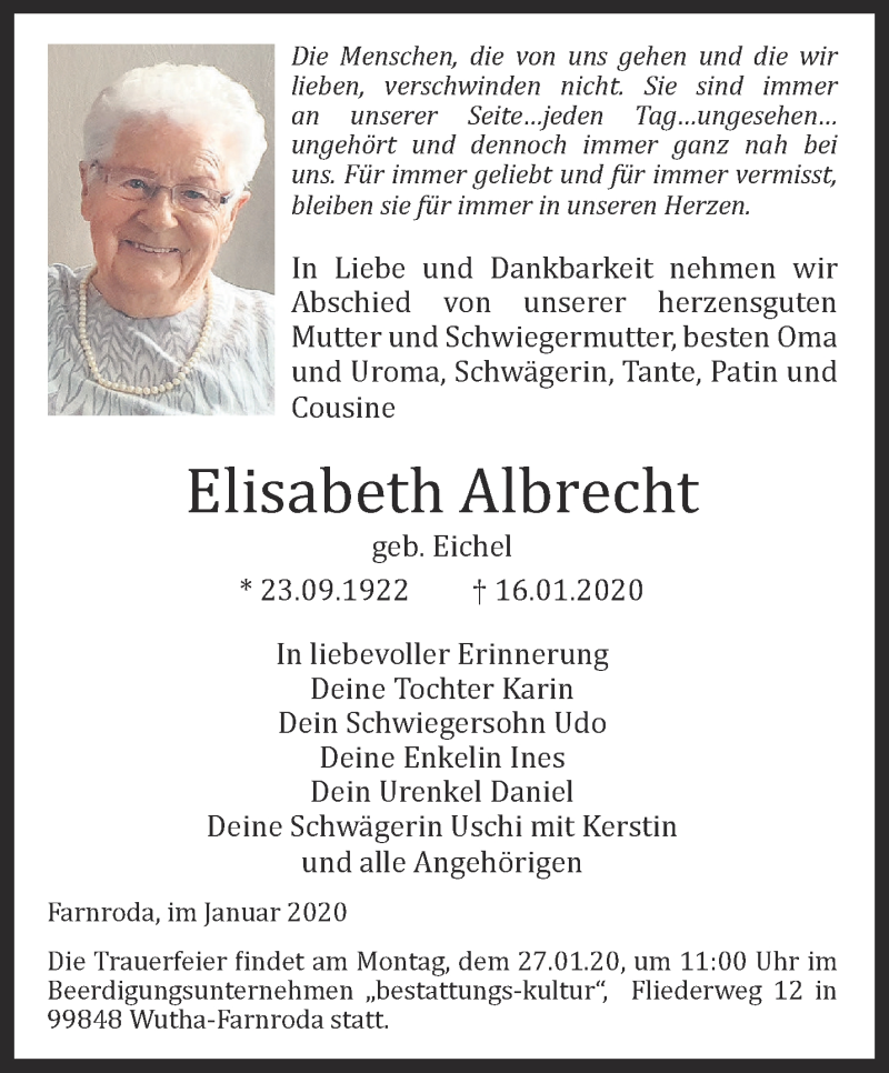  Traueranzeige für Elisabeth Albrecht vom 22.01.2020 aus Thüringer Allgemeine, Thüringische Landeszeitung