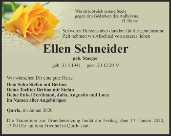 Traueranzeige von Ellen Schneider von Ostthüringer Zeitung