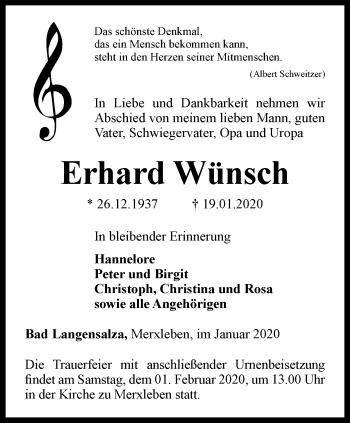 Traueranzeige von Erhard Wünsch von Thüringer Allgemeine, Thüringische Landeszeitung