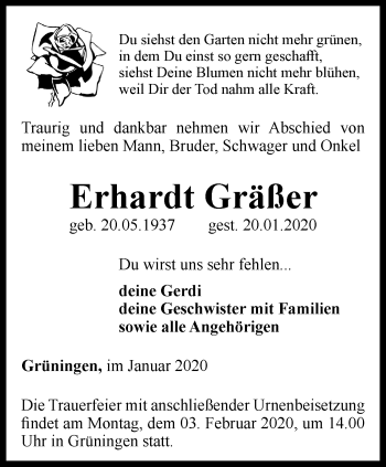 Traueranzeige von Erhardt Gräßer von Thüringer Allgemeine