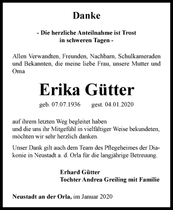 Traueranzeige von Erika Gütter von Ostthüringer Zeitung