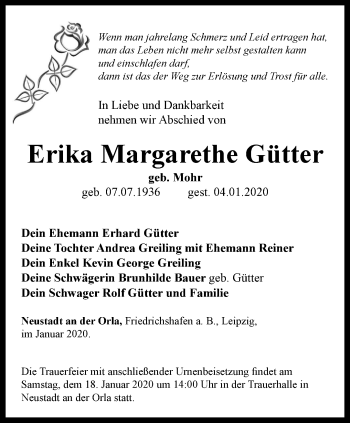 Traueranzeige von Erika Margarethe Gütter von Ostthüringer Zeitung