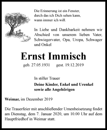 Traueranzeige von Ernst Immisch von Thüringer Allgemeine, Thüringische Landeszeitung