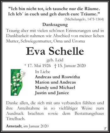 Traueranzeige von Eva Schelle von Thüringer Allgemeine