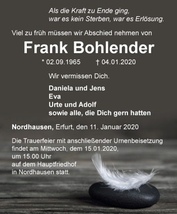 Traueranzeige von Frank Bohlender von Thüringer Allgemeine