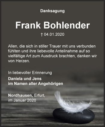 Traueranzeige von Frank Bohlender von Thüringer Allgemeine