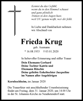 Traueranzeige von Frieda Krug von Thüringer Allgemeine, Thüringische Landeszeitung