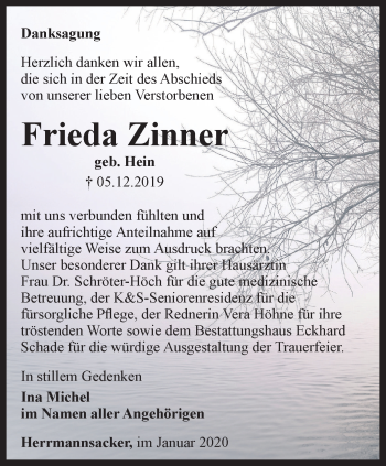 Traueranzeige von Frieda Zinner von Thüringer Allgemeine