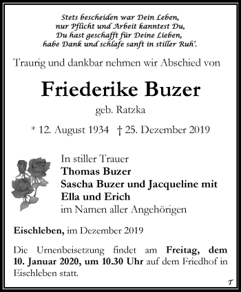 Traueranzeige von Friederike Buzer von Thüringer Allgemeine