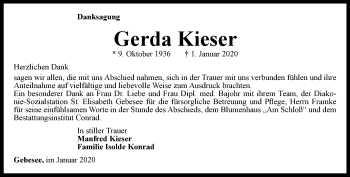 Traueranzeige von Gerda Kieser von Thüringer Allgemeine, Thüringische Landeszeitung