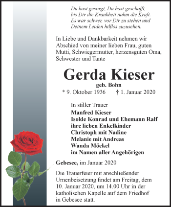 Traueranzeige von Gerda Kieser von Thüringer Allgemeine, Thüringische Landeszeitung
