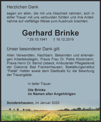 Traueranzeige von Gerhard Brinke von Thüringer Allgemeine