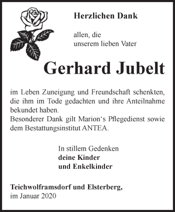 Traueranzeige von Gerhard Jubelt von Ostthüringer Zeitung