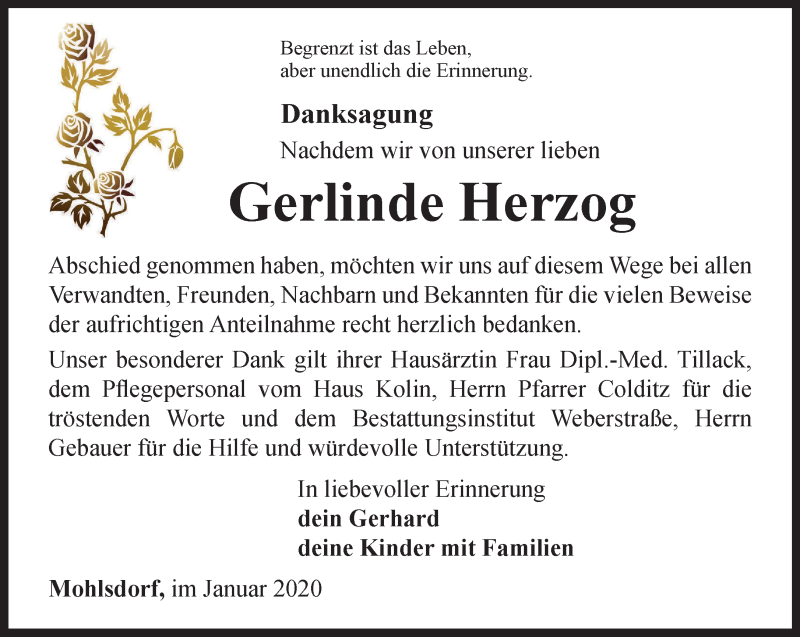 Traueranzeige für Gerlinde Herzog vom 11.01.2020 aus Ostthüringer Zeitung