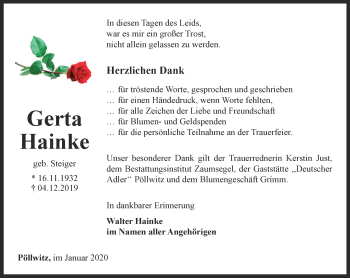 Traueranzeige von Gerta Hainke von Ostthüringer Zeitung