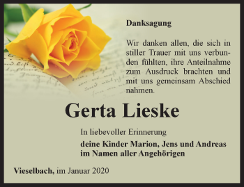 Traueranzeige von Gerta Lieske von Thüringer Allgemeine, Thüringische Landeszeitung