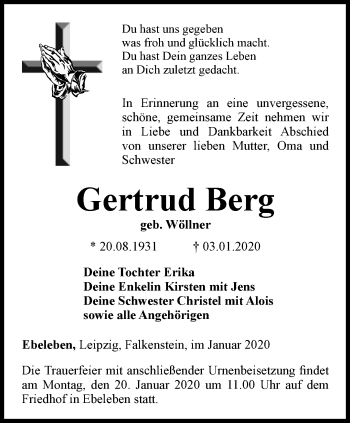 Traueranzeige von Gertrud Berg von Thüringer Allgemeine