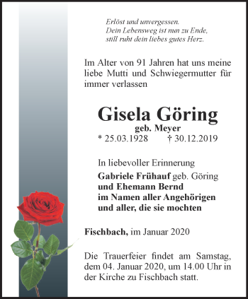 Traueranzeige von Gisela Göring von Ostthüringer Zeitung, Thüringische Landeszeitung