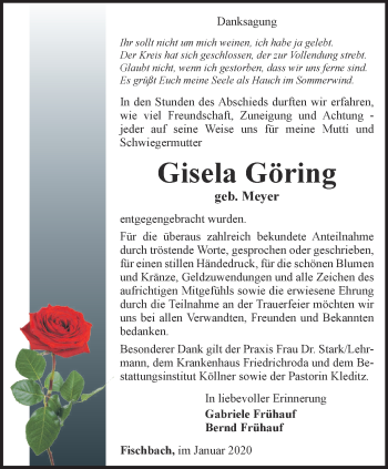 Traueranzeige von Gisela Göring von Ostthüringer Zeitung, Thüringische Landeszeitung