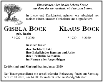 Traueranzeige von Gisela und Klaus Bock von Ostthüringer Zeitung