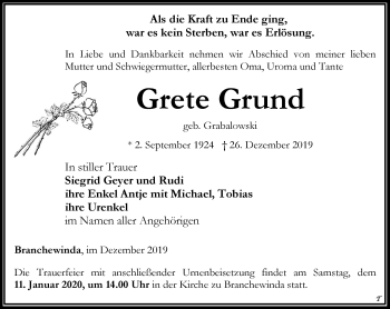 Traueranzeige von Grete Grund von Thüringer Allgemeine