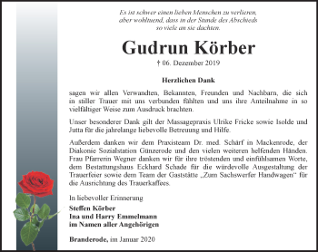 Traueranzeige von Gudrun Körber von Thüringer Allgemeine