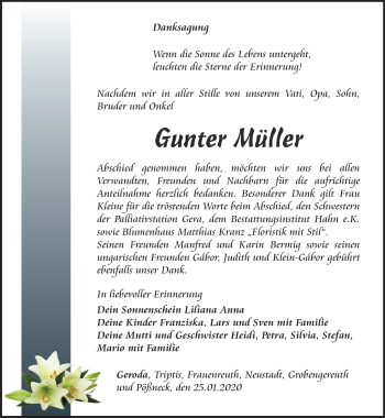Traueranzeige von Gunter Müller von Ostthüringer Zeitung