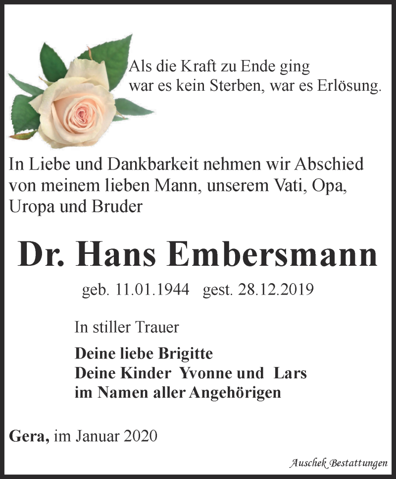  Traueranzeige für Hans Embersmann vom 11.01.2020 aus Ostthüringer Zeitung