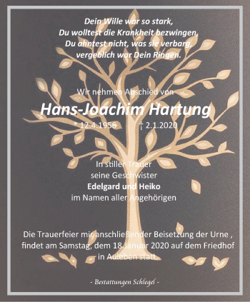 Traueranzeige von Hans-Joachim Hartung von Thüringer Allgemeine