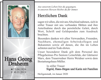 Traueranzeige von Hans Georg Draheim von Thüringer Allgemeine